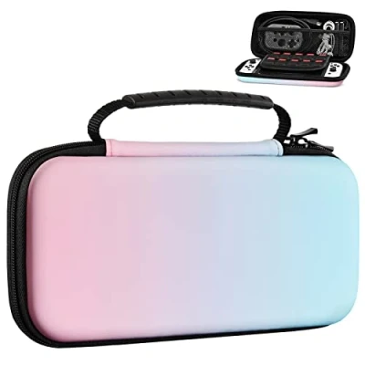 Image of MoKo Carrying Case for Nintendo Switch OLED Model / Hard Shell Portable Travel Carry w/10 Game Card Slots Compatible with Console &amp; Accessories, Blue Pink