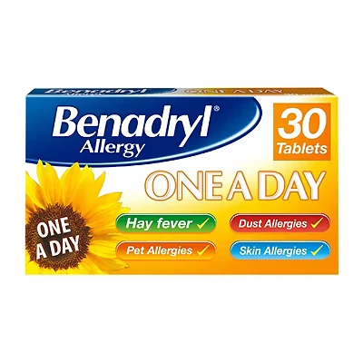 Image of Benadryl Allergy One A Day 10 Mg Tablets Effective and Long Lasting Relief from Hay Fever, Pet, Skin Dust Allergies 30 Count