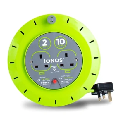Image of Status: IONOS 2 Socket Cable Reel, 10m Green Extension Lead, 13A with Thermal Cut Out, Heavy Duty Outdoor ION13A10MCR6