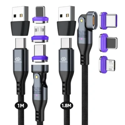 Image of Trescopes 6 in 1 PD240W Magnetic Charging and Data Cable, USB A/C to Type C, I Product &amp; Micro USB, 1m + 1.8m [2 Pack]
