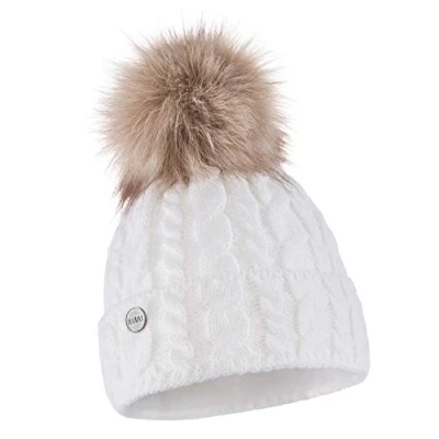 Image of ELIMELI® Women&#039;s Winter Hat, Warm Knitted Hat with Bobble, Slouch Beanie for Winter, Bobble Made in the EU, Choice of Colours, 15568, White, One Size Fits All