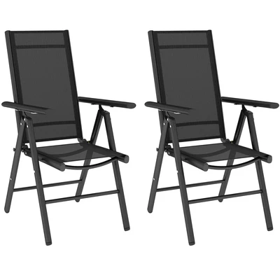 Image of Outsunny Set of 2 Folding Chair, Aluminium Frame Outdoor Camping Chairs with Breathable Mesh Back and Seat, Garden Chair Armrests for Patio Deck Balcony, Black