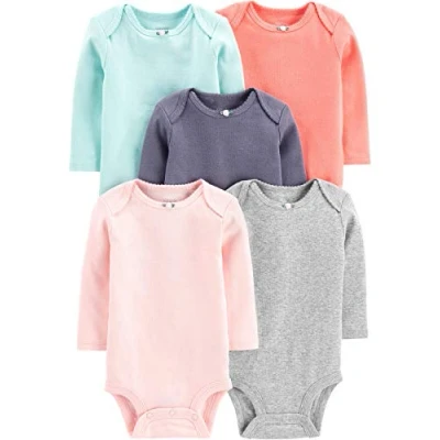 Image of Simple Joys by Carter&#039;s Baby Girls&#039; Long Sleeve Bodysuit, Pack of 5, Grey/Mint Green/Navy/Peach/Pink, Premature