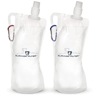 Image of SURVIVOR FILTER 1L Clear Collapsible Water Bottle Travel, Hiking, Foldable, BPA Free 2 x 33oz