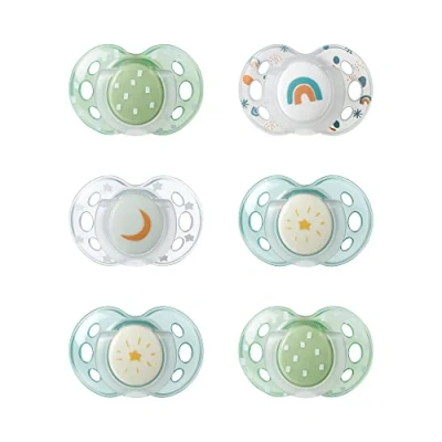 Image of Tommee Tippee Nighttime Dummies, 18 36 months, 6 pack of glow in the dark Dummiess with symmetrical silicone baglet