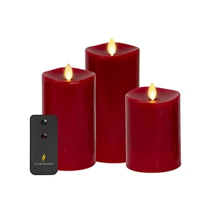 Image of Luminara Realistic Artificial Moving Flame Pillar Candles Set of 3 Melted Top Edge, LED Battery Operated Lights Unscented Remote Included 3&quot; x 4.5&quot;, 5.5&quot;, 6.5&quot; (Burgundy)