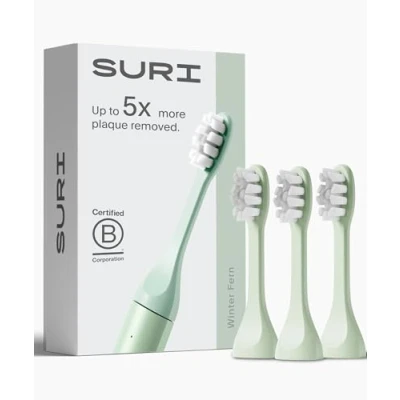 Image of SURI Recyclable Plant Based, Electric Toothbrush Heads Built in Tongue Scraper, Long Lasting Replacement Compatible Only with Sonic Winter Fern, Pack of 3