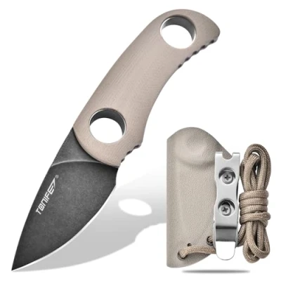 Image of TONIFE Fixed Blade Knife 4.8cm, Mini Neck with Kydex Sheath and Cord, EDC Portable for Outdoor Survival (Warm Sand+Black Oxide then Stonewash)