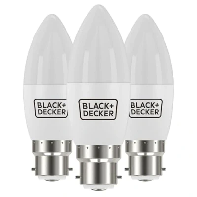Image of BLACK+DECKER® LED Candle Lightbulbs Pack of 3 Light Bulbs 4.2W B22 Bayonet Base Warm White 2700K Non Dimmable 470 Lumens Energy Class E