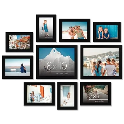 Image of Americanflat 10 Piece Gallery Wall Frame Set in Black Two 8x10 Frame, Four 7x5 Frames, 6x4 Frames Collage Photo for with Horizontal and Vertical Formats Tabletop