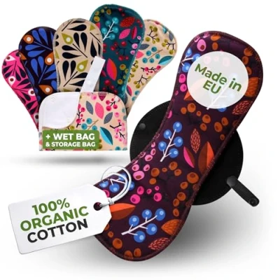 Image of Reusable Sanitary Pads Heavy Flow, 6 Pack + Bag (L&amp;XL) Organic Cotton Washable Made in EU; Maxi Period Pads, Large Cloth Menstrual Incontinence for Women