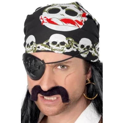 Image of Smiffy&#039;s Pirate Bandanna Black and White with Skull Crossbones Print