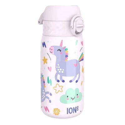 Image of ION8 Insulated Steel Water Bottle, 320 ml/11 oz, Leak Proof, Easy to Open, Secure Lock, Dishwasher Safe, Carry Handle, Flip Cover, Metal Raised Print, Stainless Steel, Unicorns Design