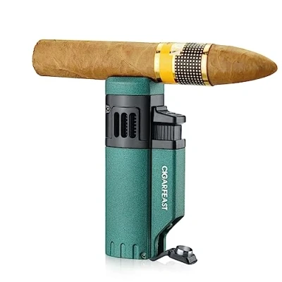 Image of 4 Jet Flame Cigar Torch Lighters with stand Butane Refillable Lighter Punch for Men Without Gas (Green)