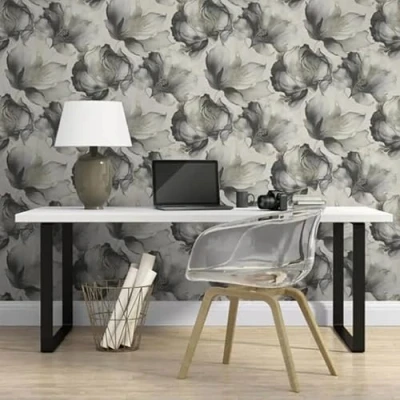 Image of SOPHIE LAURENCE Elysian Floral Wallpaper Black and Gold Metallic Petals, Washable Removable, for Bedroom, Living Room, Dining Room 0.53m x Sample