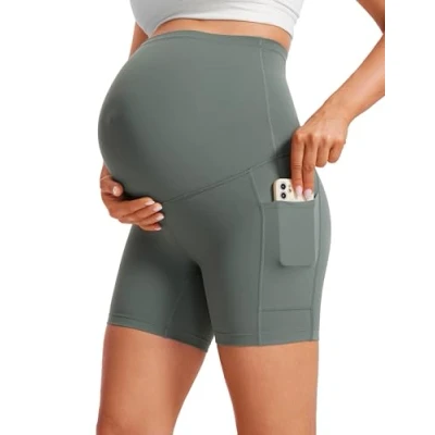 Image of CRZ Yoga Women&#039;s Butterluxe Maternity Shorts with Pockets 5&quot; Over The Belly Biker Workout Pregnancy Leggings Grey Sage 14