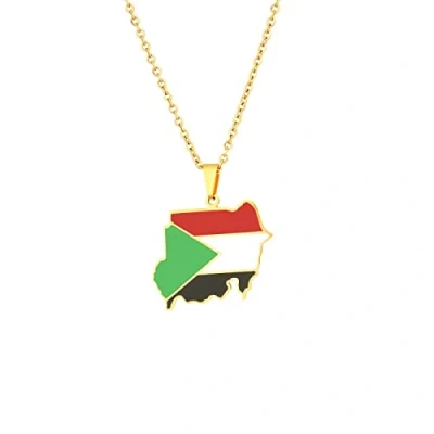 Image of Stylish Art Republic Of Sudan Map Pendant Necklaces Ethnic Pattern Flag Region Maps Collarbone Chain Hip Hop Trendy Jewelry For Women Men Sweater Chain,Gold,50 Cm