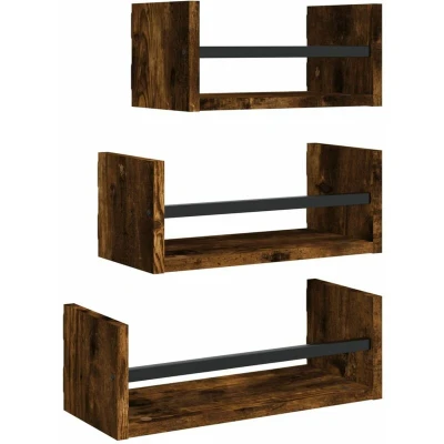 Image of vidaXL 3 Piece Wall Shelf Set with Bars Smoked Oak Engineered wood