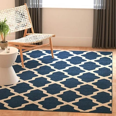 Image of SAFAVIEH Trellis Rug for Living Room, Dining Bedroom Cambridge Collection, Short Pile, in Navy Blue and Ivory, 152 X 244 cm