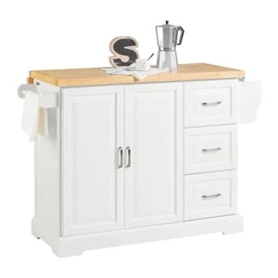Image of SoBuy FKW41 WN, Extendable Kitchen Island Cabinet Sideboard Storage Trolley with Rubber Wood Worktop