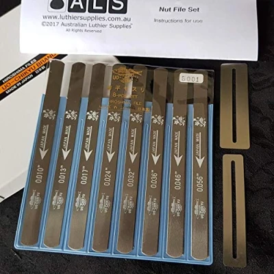 Image of ALS Guitar Nut File Set 8 Piece 10 56 with Instructions (Bonus Fingerboard Guard Set) #5001 Files Made in Japan by Uo Chikyu Hiroshima Australian Luthier Supplies