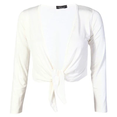 Image of LADIES TIE UP CROP SHRUG WOMENS WRAP BOLERO CARDIGAN TOP SIZE 8 14 (MED/LRG (12 14), CREAM)