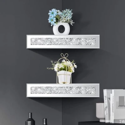 Image of DEENZ Conner Shelf Crushed Diamond Mirrored Decorative Wall Triangle Corner Shelves Crystal Glass Silver Mirror Home Decor Bedroom Living Room (1)