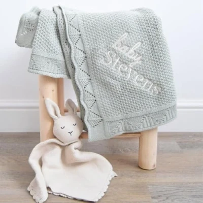 Image of REEG Personalised Baby Blankets Knitted,personalised Knitted Cotton Blankets,personalised Blanket Baby, (Grey Pink,Embroidered name)