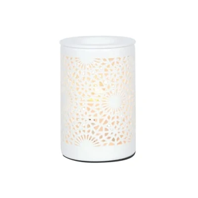 Image of Elegant White Lace Cut Out Design Electric Oil Burner 15cm x 9.5cm (1 Pc.) Class 2, CE Certified, 230V/25W, Perfect For Aromatherapy &amp; Home Decor
