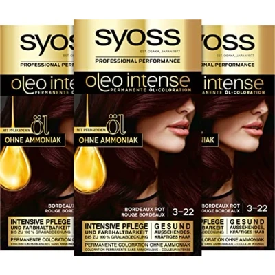 Image of Syoss Oleo Intense Oil Colouration 3 22 Bordeaux Red Level (3 x 115 ml), Permanent Hair Colour with Nourishing, No Ammonia