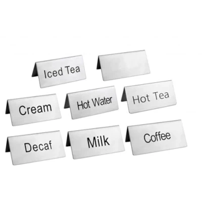 Image of New Star Foodservice 27402 Stainless Steel Table Tent Sign Combo, Includes&quot;Coffee&quot;,&quot;Decaf&quot;,&quot;Hot Tea&quot;,&quot;Iced Tea&quot;,&quot;Hot Water&quot;,&quot;Milk&quot;,&quot;Cream&quot;,and Blank, 3 Inch by 1 1/2 Inch, Combo Set of 8