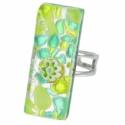 Image of GlassOfVenice Murano Glass Venetian Reflections Rectangular Adjustable Ring Green Silver