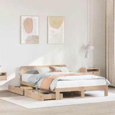 Image of vidaXL Bed Frame without Mattress Base Bedstead 120x200 cm Solid Pine Wood with Drawers and Slatted for Bedroom Brown