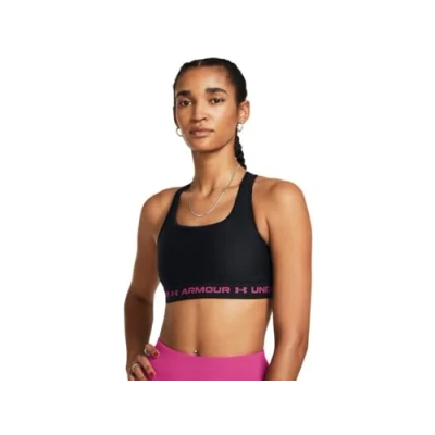 Image of UNDER ARMOUR WOMEN&#039;S UA CROSSBACK MID BRA, MEDIUM SUPPORT SPORTS RACER BACK BRA WITH REMOVABLE CUPS, COOLING AND SWEAT WICKING WIRELESS BLACK SIZE YXS