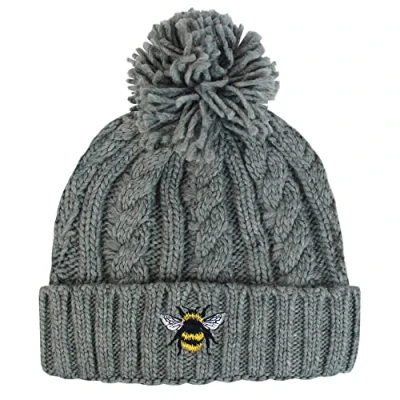 Image of TeddyTs Adult Grey Bumble Bee Chunky Cable Knit Thermal Bobble Hat, Cream, L
