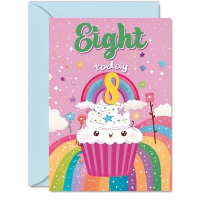 Image of 8th Birthday Card Girl Cupcake Rainbow Happy for 8 Year Old Girl, Age Girls Cards, A5 Bday Greeting