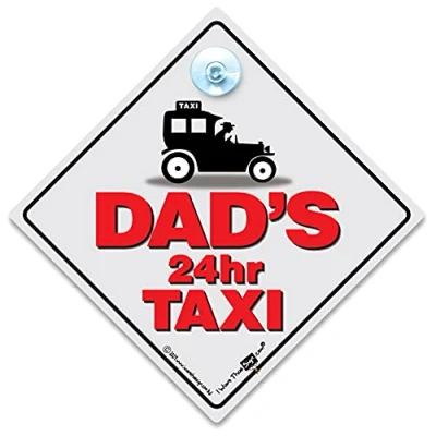 Image of Dad&#039;s 24 hr Taxi Car Sign, Suction Cup Window Sign in Bright Yellow and Black, Novelty 14cm x