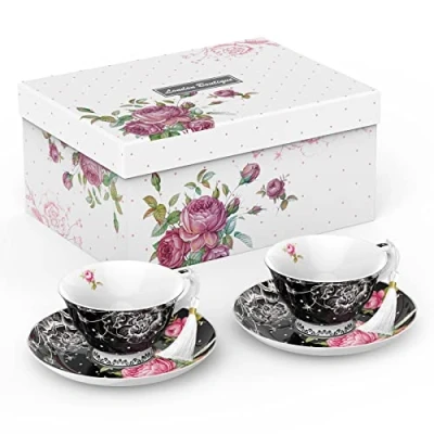 Image of London Boutique Tea Cup and Saucer Set 2 Afternoon New Bone China Vintage Flora Gift Box 200m (Black)