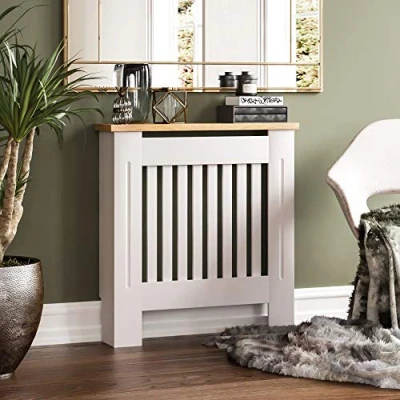 Image of Vida Designs Arlington Radiator Cover White Modern Painted MDF Cabinet, Slats, Grill, Wood Top Shelf, Small (H: 83.3 / W: 78 D: 19 cm)