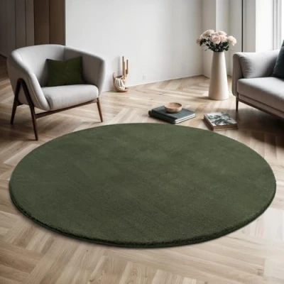 Image of the carpet Relax Rug, Modern, Fluffy, Short Pile, Non Slip Underside, Washable up to 30C, Super Soft, Fur Look, Dark Green, 200 cm, Round