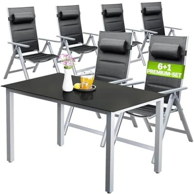 Image of CASARIA® Bern 7 Piece Aluminium Garden furniture Set 6 Adjustable High Back Reclining Foldable Chairs With Head Cushions Table 1500x90cm Weatherproof Outdoor Patio Seating Group Silver