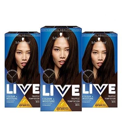 Image of Schwarzkopf Live Colour + Moisture Brown Hair Dye, 3 Pack Permanent Intense Care with Kera Bond Plex, Covers Greys, M05 Truffle Tempt