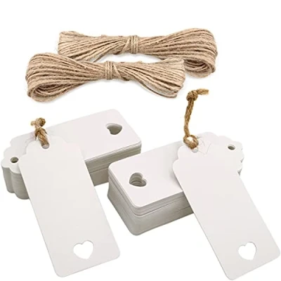 Image of jijAcraft 200pcs Gift Tags, White Tags 4.5X9.5CM Lovely Hollow Heart Wedding Favour Hang with 60M Jute Twine for Crafts