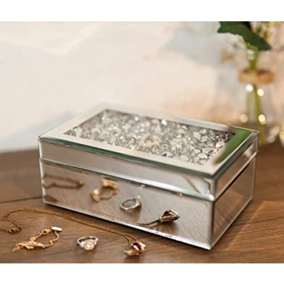 Image of Marco Paul Modern Silver Crushed Diamante Mirrored Glass Crystal Jewellery Box Black Velvet Women Trinket Drawers Organiser Decorative Makeup Storage Gift for Birthday, Wedding