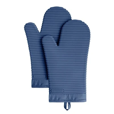 Image of KitchenAid Ribbed Soft Silicone Oven Mitt Set, Blue Willow 2 Count