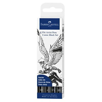 Image of Faber Castell Creative Studio Pitt Artist Pen India Ink Pen, Black, Pack of 4, For Art, Craft, Drawing, Sketching, Home, School, University, Colouring