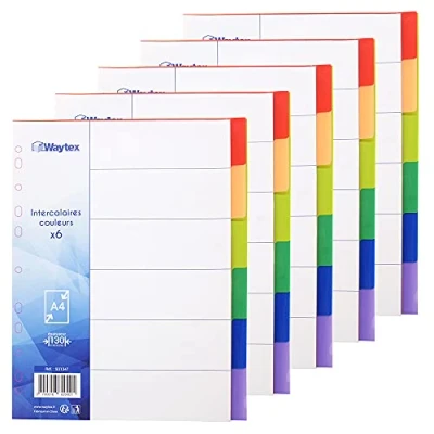 Image of WAYTEX 931347C5 A4 6 Tabs Polypropylene Index Dividers Bright Colours (Pack of 5)