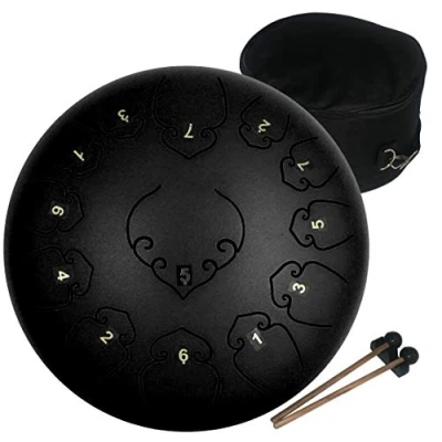 Image of Amkoskr 12 Inches 30cm Steel Tongue Drum C Key 13 Notes Percussion Instrument Hand Pan with Mallets/Carry Bag(Black)