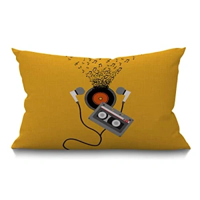 Image of BGBDEIA Cushion Cover Cassette Abstract Art Music Concept Design Melody Notes Player Earphone Rectangular Throw Pillow for Couch Sofa Home Decor Cotton Linen 30 x 50 cm 12x20 Inch