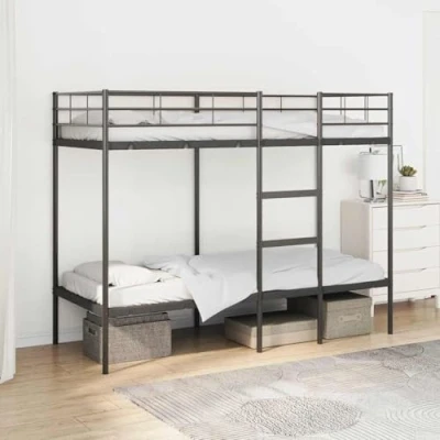 Image of vidaXL space saving bunk bed for bedrooms, steel frame with built in ladder, small single black 75x190 cm